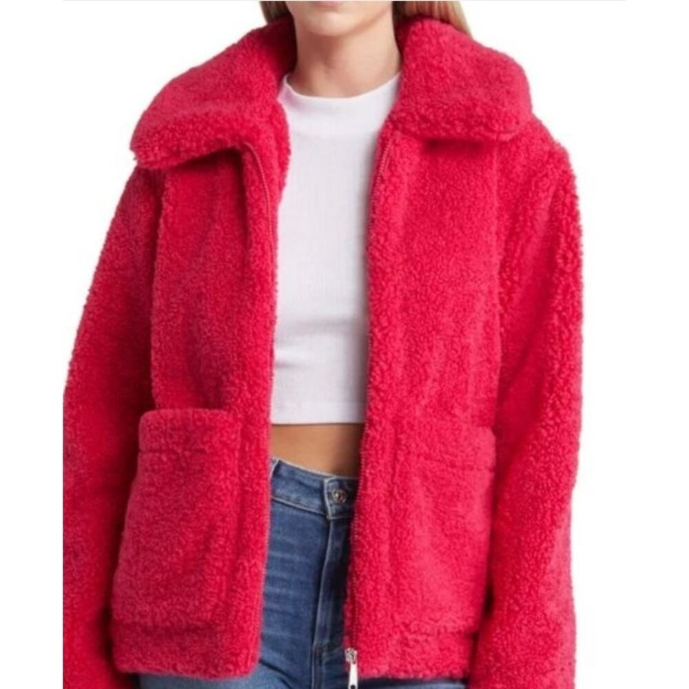 Sam Edelman Short Front Zip Teddy Coat Patch Pockets Hot Pink Faux Fur Small NWT